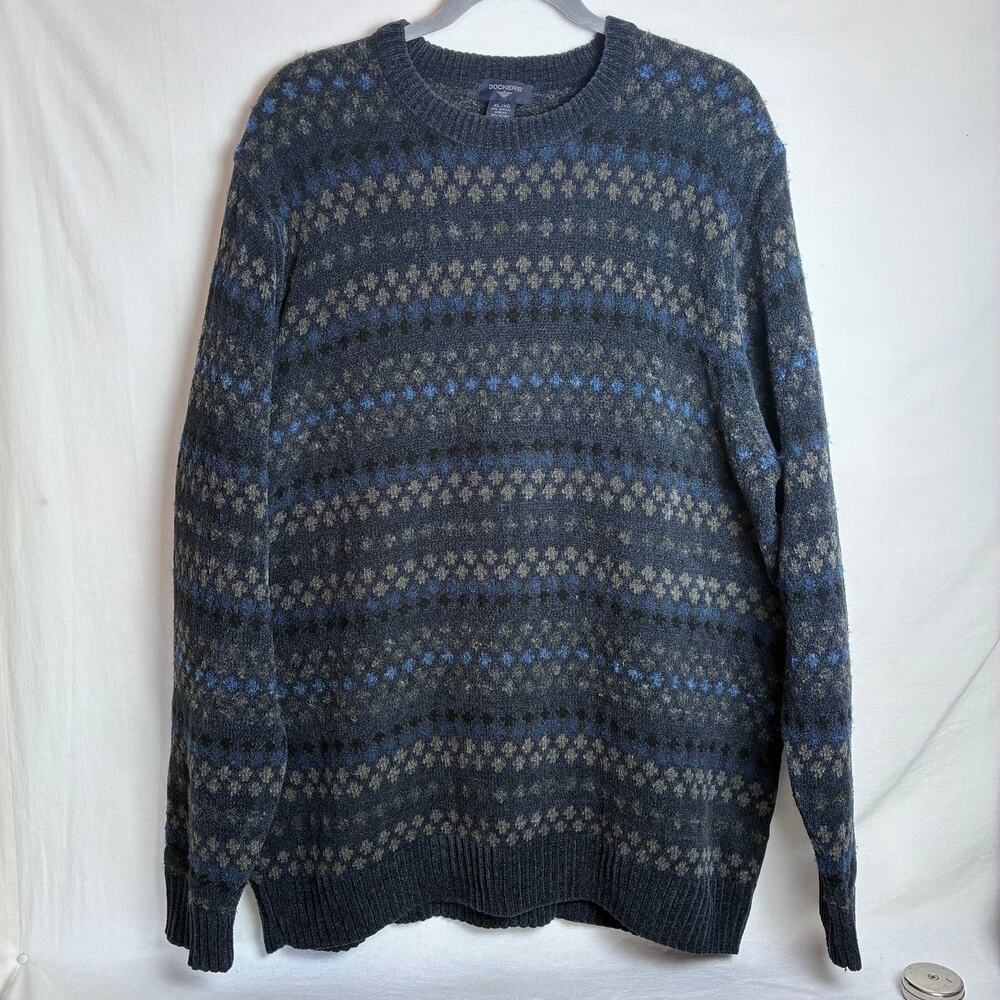 ⁠Dockers Mens Vintage Sweater XL Fair Isle Knit Blue Grey Wool Blend Crewneck⁠